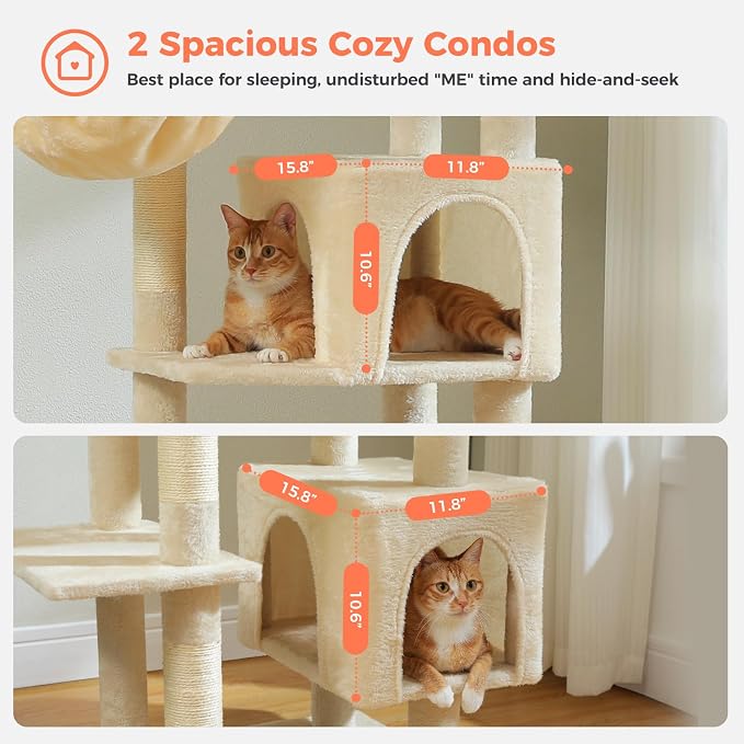 69” Tall Cat Tree for Indoor Cats Large Adult, Multi-Level Cat Tower with Scratching Post, Dual Top Perches, Big Hammock & 2 Spacious Condos, Cat Furniture for Multi-Cat Households, Beige