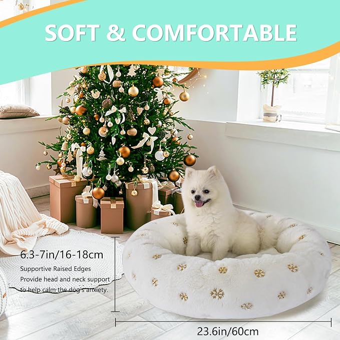 23 Inch Christmas Snowflakes Calming Dog Bed for Small Dogs Cats, Kitty Puppy Round Anti-Anxiety Warm Bed, Soft Cozy Anti-Slip Donut Washable Pet Bed, Fits up to 30 lbs Pets