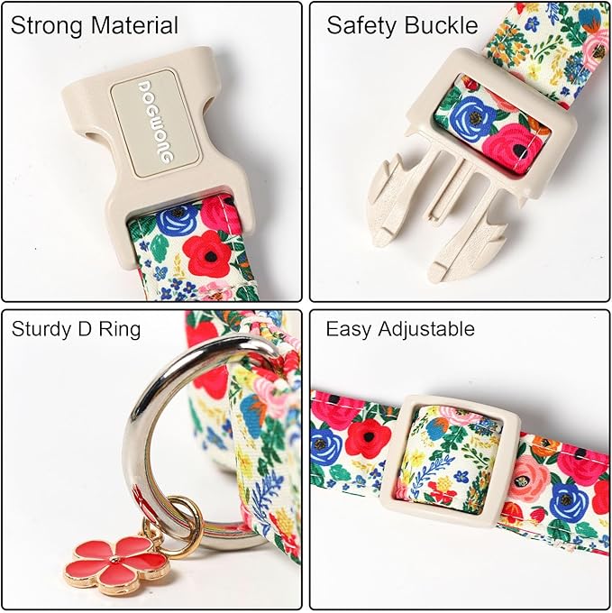 DOGWONG Spring Floral Dog Collar, Cute Girl Dog Collars - Wildflowers Puppy Collar, Adjustable Breathable Female Dog Collars for Small Medium Large Dogs, Neck 8-12 inches