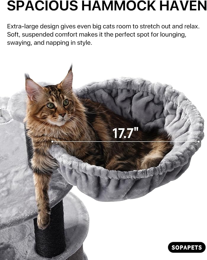 Extra Large Cat Tree for Maine Coon,65 Inches Tall Cat Tree Tower for Indoor Cats Large Adult 20 lbs,XXL Heavy Duty Luxury Sturdy Cat House with Big Hammock,Sisal Scratching Post,Condo,Grey