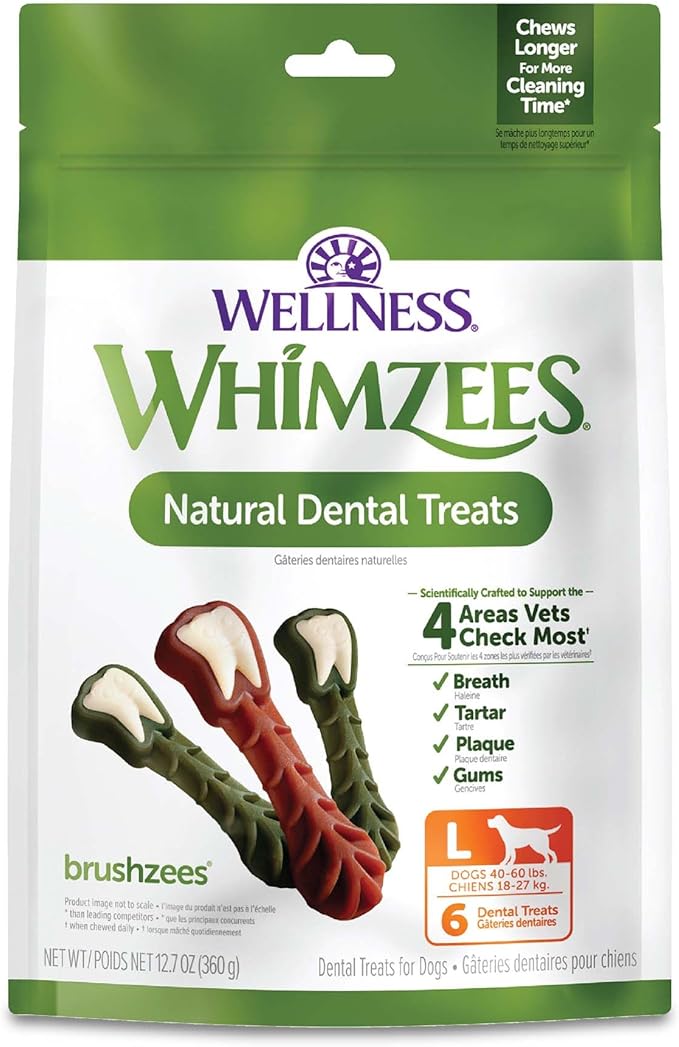 Whimzees Wellness Brushzees Natural Dog Dental Treat, VOHC Accepted Chews, Freshens Breath, Large Size, 12.7 oz Bag, 6 Count