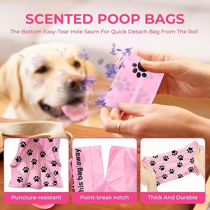 Dyforce 600 Count Dog Poop Bags Rolls with Dispenser, Scented Leak Proof Pet Waste Poop Bags for Dogs 13x9", Extra Thick and Large Doggy Cat Litter Bags for Poops with Holder, Pink