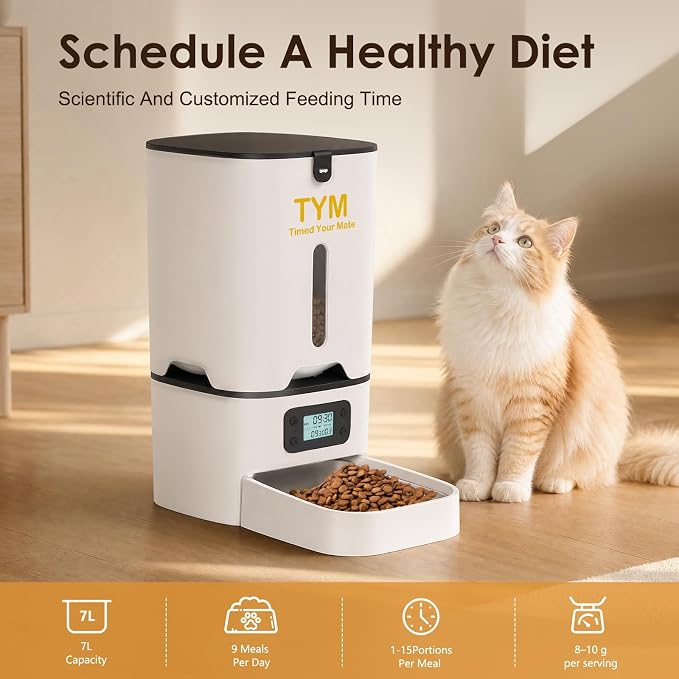 TYM Automatic Cat Feeder, 7L Large Capacity Cat Food Dispenser with Programmable Timer, Portion Control up to 9 Meals/Day, Dual Power Supply, Fresh Food, Easy to Clean for Cats and Small Dogs