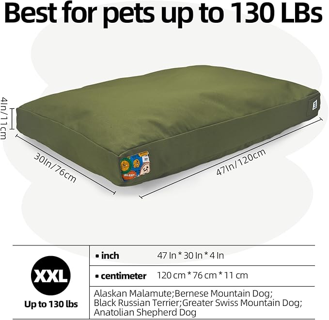 Sytopia 47 Inch Canvas Outdoor Dog Bed for XXL Dogs, Durable Dog Bed with Waterproof Machine Washable Removable Cover, Indoor Patio Pet Pad for Crate, Green