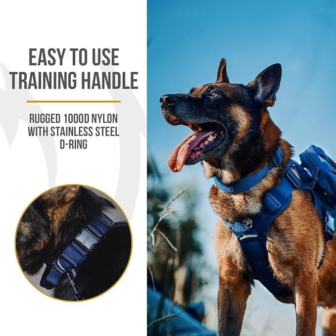 OneTigris Tough Dog Collars, Tactical Dog Collar with Handle, Milltary Adjustable Dog Collar with Heavy Duty Metal Buckle for Training (Large,Blue)