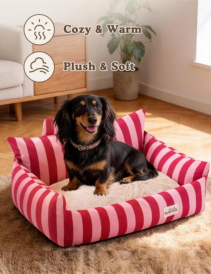 Cat Couch, Reversible Pet Bed for Indoor Cats – 2-Sided Cat Sofa with Oxford Fabric and Plush Fleece, Washable Small Dog Couch for Puppies and Senior Pets, Non-Slip Bottom, 28 inch, Pink Red