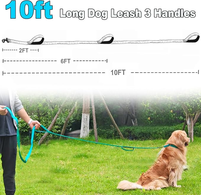 3 Handle Dog Leash, 10FT Triple Handle Reflective Stitching with Padded Traffic Handles, Heavy Duty, Training Pet Lead for Control and Safety (Pink)