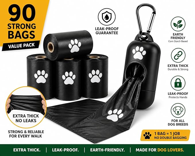 Leak-Proof Dog Poop Bags, Extra Thick Pet Waste Bags, Large Earth-Friendly Unscented Refill Rolls for All Dog Breeds (90 bags)