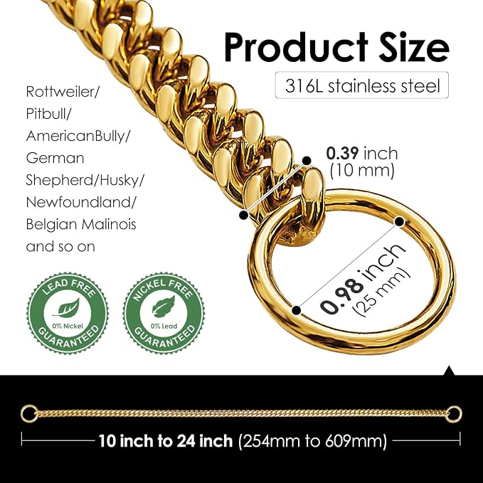 txprodogchains 18K Gold Chain Dog Collar 10MM Cuban Link Chain Stainless Steel Metal Links Walking Training Collar for Small Medium Large Dogs 10in to 24in (10" (Neck Fits 6"-8"), 18K Gold)