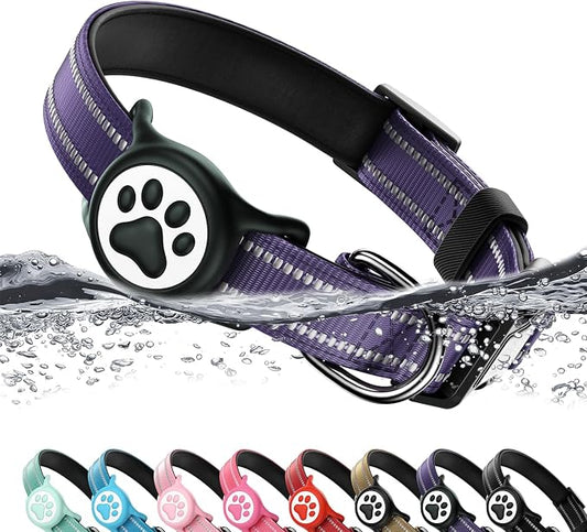 Airtag Dog Collar, Reflective Ultra-Durable Nylon Padded with QR Code Buckle & IP68 Waterproof Air Tag Holder Compatible for Apple AirTag, Comfortable for Small Medium Large Dogs(Purple, M)