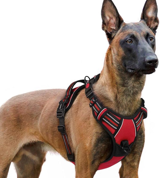 rabbitgoo Dog Harness for Large, No Pull Easy On & Off with 3 Buckles Pet Harness, Adjustable Soft Walking Vest with 2 Clips and Handle, Reflective for Extra Large Dogs, Red, XL