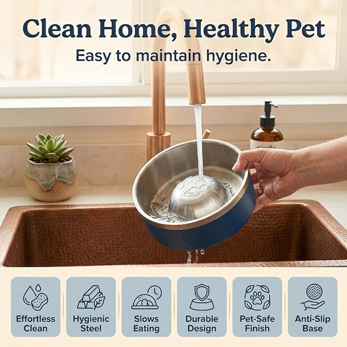 Stainless Steel Slow Feeder Dog Bowl, Heavy Duty Thickened Metal Dog Bowl, Non-Slip Base, Dishwasher Safe, Anti Gulping Feeding Bowl for Small to Medium Dogs & Cats, 56 oz, Dark Blue