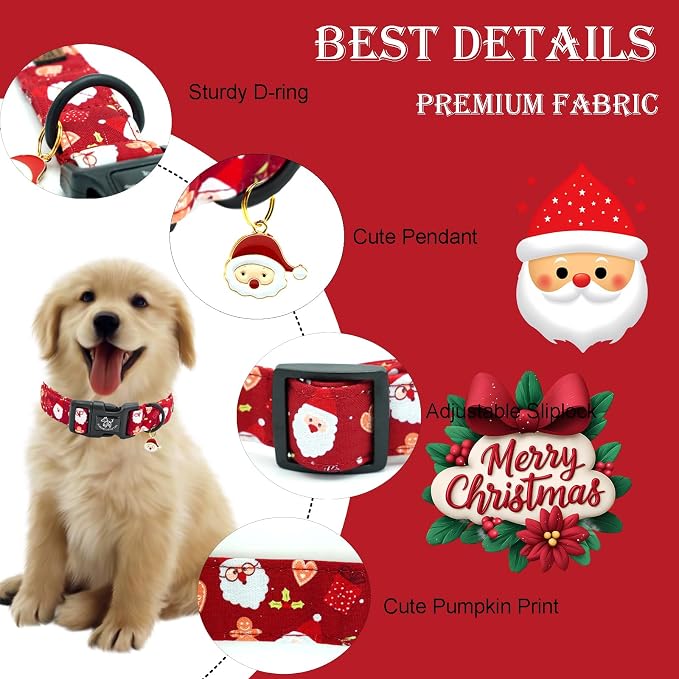 Elegant little tail Christmas Dog Collar, Santa Claus Print Pet Collar Cotton Soft Plastic Buckle Sturdy Puppy Collars Holiday Female or Male Adjustable Collar for Medium Dogs