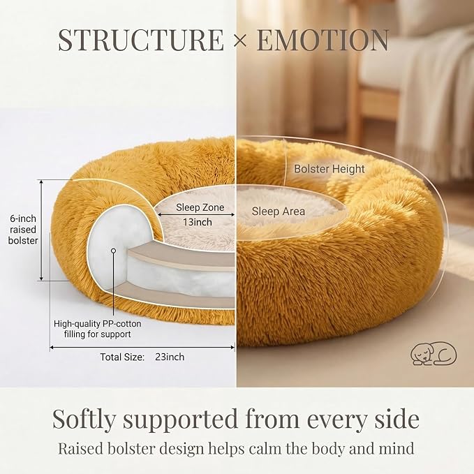 Calming Donut Dogs Beds for Small Dogs Washable,23inch Plush Round Pet Bed for Cozy Sleep,Fluffy Faux Fur Large Cat Bed,Fits up to 25 lbs Pets,Orange