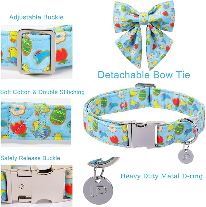 Easter Dog Collar with Bow Tie, Cotton Bunny Bowtie for Large Girl Boy Dog, Cute Rabbit Pet Collar with Metal Buckle, Gift, XS