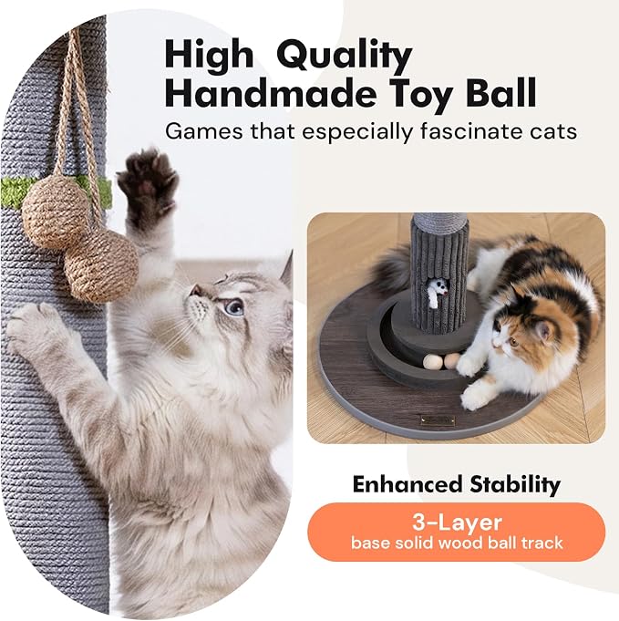 Woochpet 35" Tall, Sisal Cat Scratcher with Mouse Toy and Track Balls, Palm Tree Design Scratch Pole for Kittens Grey Base