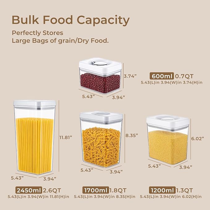 UFORU Food Storage Containers with Twist-lock Lids, 4-Set 0.7/1.3/1.8/2.6QT Airtight Food Storage Containers, Stackable Kitchen Pantry Organizer, Rotary Opening Containers for Flour, Cereal & Sugar