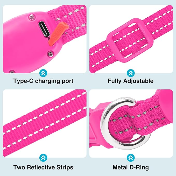 Light Up Dog Collar, Rechargeable USB Collar, Waterproof, Luminous LED Collar, Adjustable, Super Bright, Night Walking for Small Medium Large Dogs, Pink, S