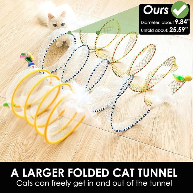 Spiral Tunnel Cat Toy, 25.59 Inches Unfolded with Cat Wand Self Play Collapsible, Hunting Spiral Tunnel with Feather Mouse Toys and Bell for Indoor Kitten Play Chase Exercise (Blue)