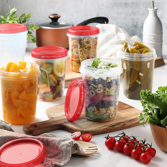 Freezer Containers for Food [32 Oz - 10 Pack] Freezer Storage Containers with Twist Top Lids | Reusable Plastic Soup Containers with Lids | Quart Containers with Screw on Covers | Leakproof, BPA Free