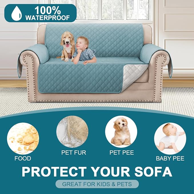 Turquoize 100% Waterproof Couch Cover Sofa Covers for 2 Cushion Couch Loveseat Covers Triple Non-Slip Couch Cover for Dogs Washable Furniture Protector Cover for Pets, Kids (Loveseat 54",Stone Blue)