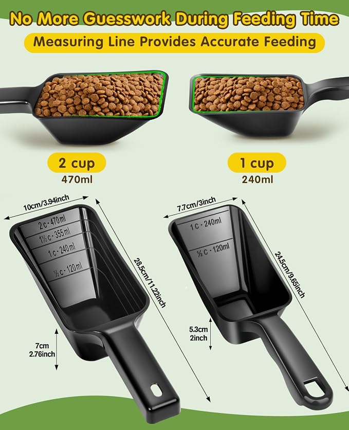 2 Pack Dog Food Scoop with 1 Cup and 2 Cup Capacity, Plastic Pet Food Measuring Scoops with Clear Measurement Lines for Dogs, Cats & More,Dishwasher safe (Black)