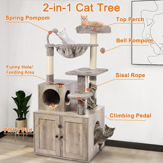 Timberer Cat Tree with Litter Box Enclosure, 2-in-1 Cat Tower for Indoor Cats, Large Wood Cat Condo with Basket, Scratching Posts, Pompoms, Grey