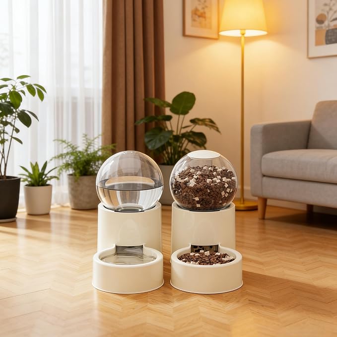 Automatic Pet Feeder and Water Dispenser Set with Pet Food Bowl,Gravity Dog Waterer and Food Feeder for Cats Dogs (Beige)