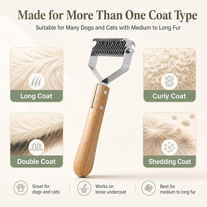 Pet Grooming Combo - Extra Large 2-Sided Wooden Pet Comb, Pet Pro Grooming tool Detangling and Dematting Long, Matted Fur on Cats and Dogs