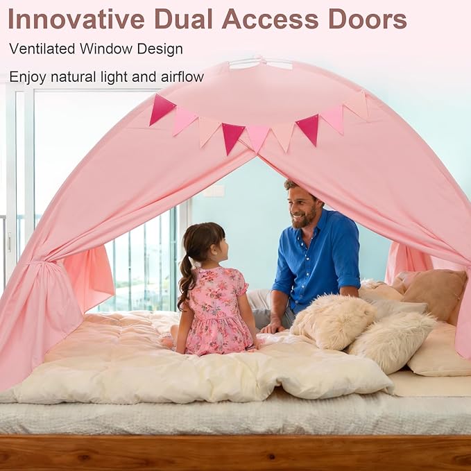Twin Bed Tent Canopy, Indoor Blackout Privacy Toddler Bed Tent for Kids with Light, Portable Sleeping Floor Kids Playhouse (Pink, Twin Size)