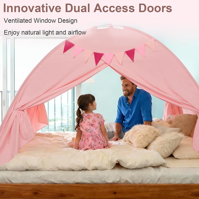 Full Bed Tent Canopy, Indoor Blackout Privacy Toddler Bed Tent for Kids with Light, Portable Sleeping Floor Kids Playhouse (Pink, Full Size)