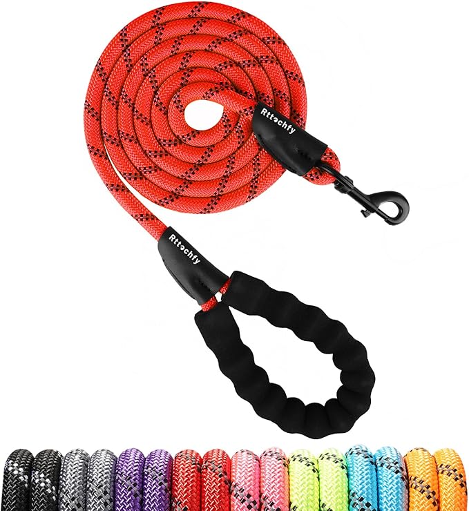 Rttochfy Rope Dog Leash 2/4/5/6/8/10 FT with Comfortable Padded Handle and Highly Reflective Threads for Small Medium and Large Dogs Heavy Duty (1/2"-10 FT, Red)