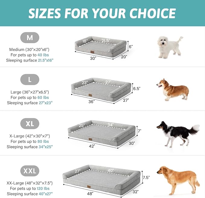 COZY KISS Cooling Dog Bed for Large Dogs, 42"x30" Orthopedic Foam Sofa with Bolster Sides, Q-Max >0.4 Cooling Technology, Cool Pet Bed with Removable Washable Cover, Grey