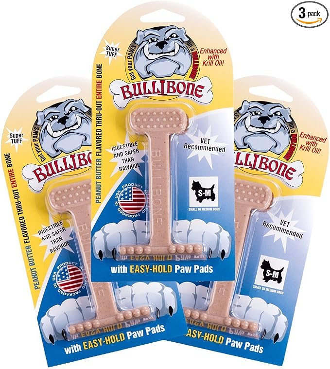 Bullibone Nylon Dog Chew Toy for Aggressive Chewers - Dental Hygiene Bone with Peanut Butter Flavor, Durable Tough Chew Toys for Small Dogs, Indestructible Dog Bone - 3 Pack