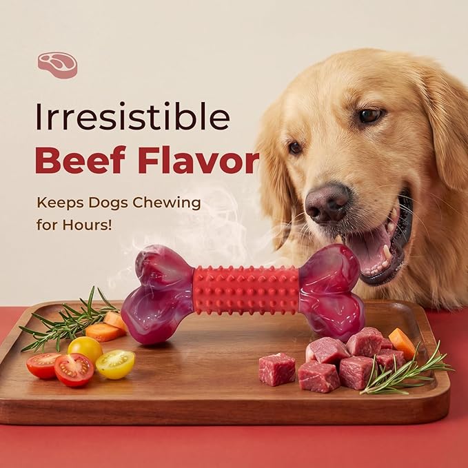 3-Pack Tough Dog Toys for Aggressive Chewers: Beef Flavored Long Lasting Dog Bones for Large Dogs, Heavy Duty Nylon & Rubber Dog Chew Toys to Keep Them Busy, Medium & Large Breed, Red
