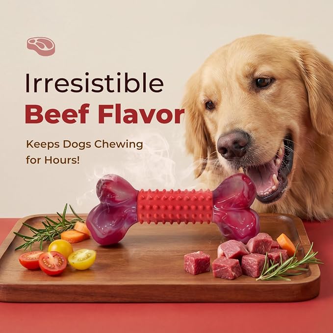 2-Pack Tough Dog Toys for Aggressive Chewers: Beef Flavored Long Lasting Dog Bones for Large Dogs, Heavy Duty Nylon & Rubber Dog Chew Toys to Keep Them Busy, Medium & Large Breed, Red