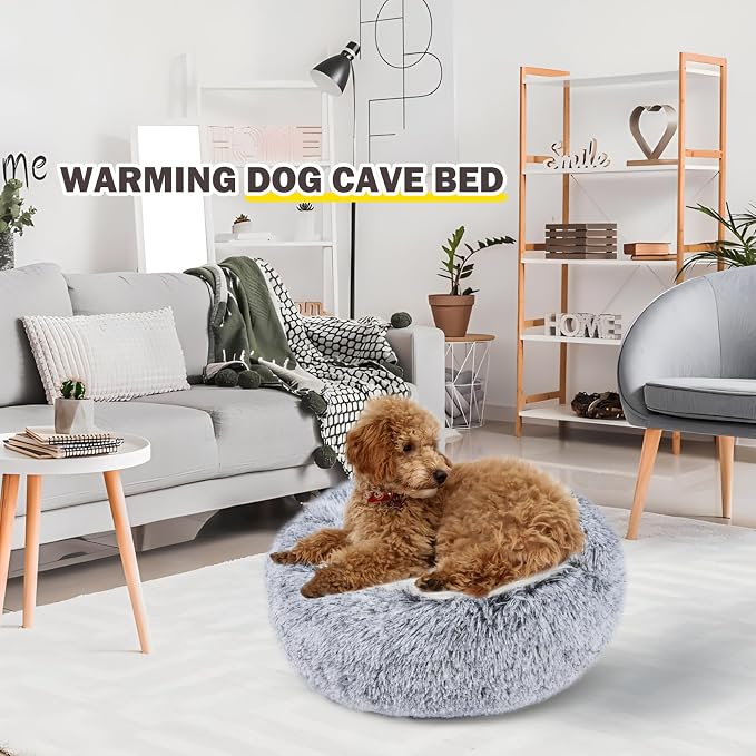 Cat Bed for Indoor Cats, Calming Cozy Cave with Self-Warming Plush, Entire Bed Machine Washable & Anti-Slip Base, Breathable Pet Bed for Small Cats&Dogs All Seasons (Grey, 22 * 22inch)