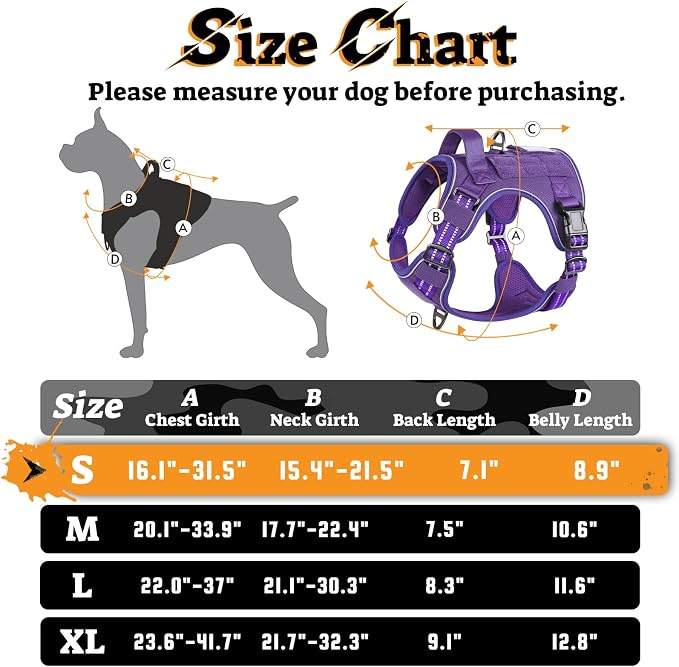 rabbitgoo Tactical Dog Harness for Small Dogs No Pull Adjustable Military Vest with Handle MOLLE Reflective Heavy Duty Dog Vest for Walking Training Hunting Outdoor Working Medium Size Dog Purple S