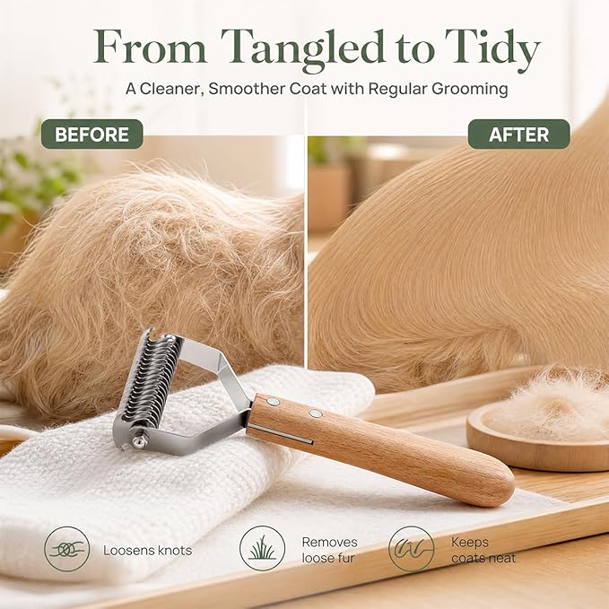 Pet Grooming Combo - Extra Large 2-Sided Wooden Pet Comb, Pet Pro Grooming tool Detangling and Dematting Long, Matted Fur on Cats and Dogs