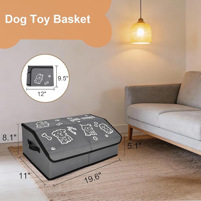 Dog Toy Box with Lid and Removable Divider, 19" Collapsible Toy basket and Handle，600D Fabric Cute Puppy Organizer for Pet Toys and Accessories - Grey - 2pcs