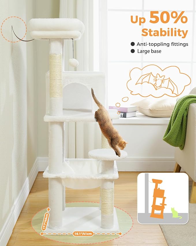 MUTTROS White Cat Tree for Indoor Cats, 45.7" Multi-Level Cat Tower with Large Metal Frame Hammock, Cat Condo with 4 Scratching Posts and Top Perch, White
