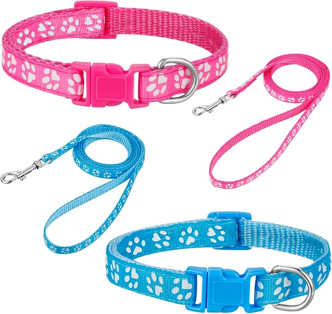 BOUMUSOE 2 Packs Dog Collar and Leash Set, Puppy Collar and Lead Set Quick Release Buckle Adjustable Paw Print Puppy Collar Soft Nylon Pet Collar for Puppy Small Dogs