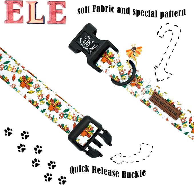 Elegant little tail Thanksgiving Dog Collar, Turkey Print Cotton Soft Plastic Buckle Sturdy Puppy Collars Holiday Female or Male Adjustable Collar for Small Dogs