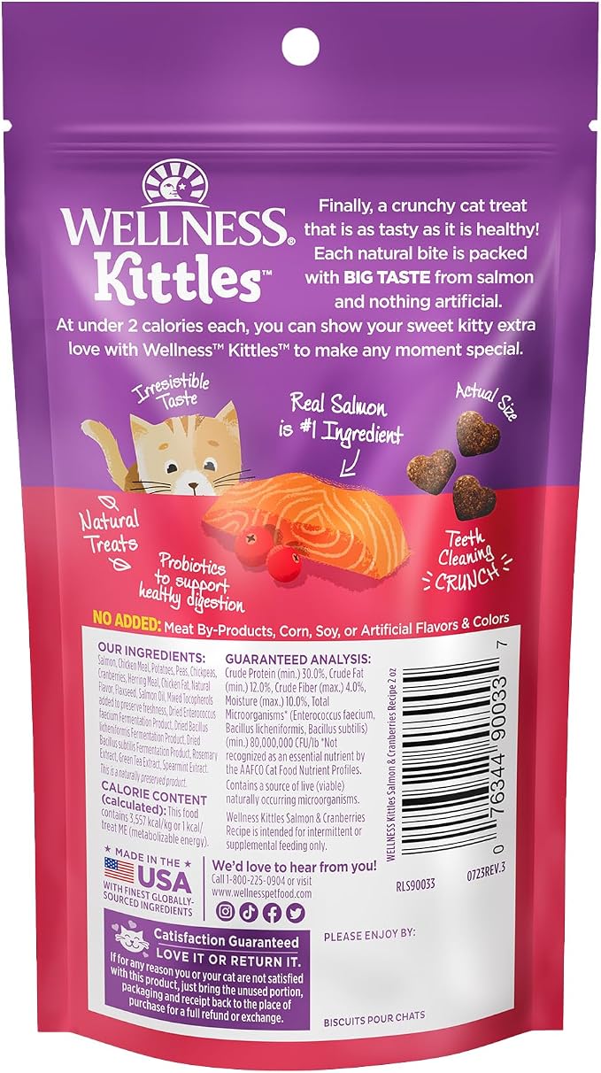 Wellness Kittles Crunchy Natural Grain Free Cat Treats, Salmon & Cranberries Recipe, All Life Stages, 2-Ounce Bag (Pack of 2)
