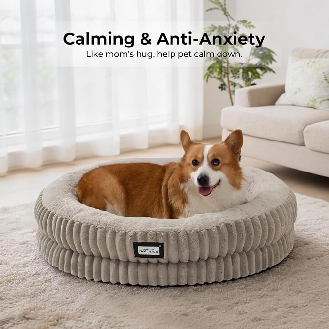 BALANCE Donut Dog Bed, 30 Inches Round Dog Bed Medium Size Dogs Washable, Orthopedic Calming Dogs Beds for Pets, Fluffy Plush Faux Fur Pet Bed with Anti-Slip Bottom