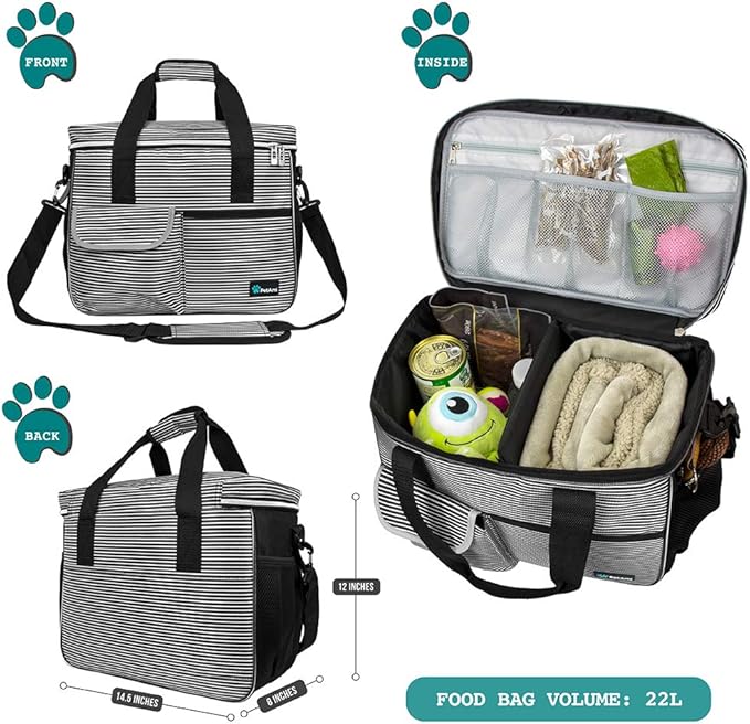 PetAmi Dog Travel Bag Organizer, Pet Travel Kit with 2 Food Containers & 2 Collapsible Dog Bowls, Pet Supplies Tote with Luggage Sleeve, Weekend Road Trip Camping Essentials, Stripe Black, Medium