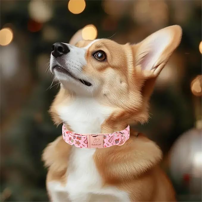 Christmas Dog Collar for Small Dogs - Cute Pink Christmas Collars for Dogs, Sweet Festive Winter Heavy-Duty Adjustable Dog Collars with Metal Buckle S