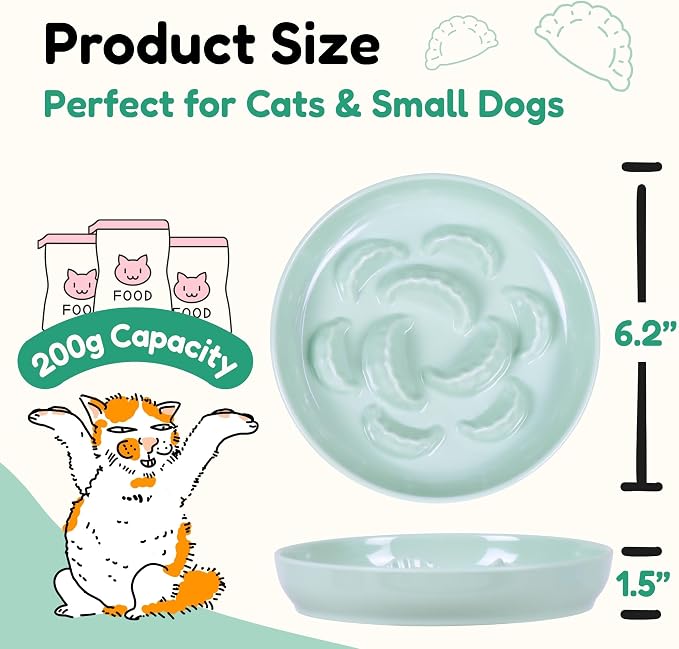 Unbreakable Slow Feeder Bowl for Cats and Small Dogs- Cat Plates for Wet & Dry Food- Melamine Puzzle Cat Bowl for Slow Eating- Whisker Friendly & Dishwasher Safe & Non Slip Design -(Green,6.3'W*1.5H')