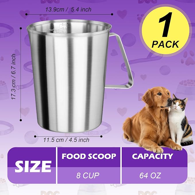 8 Cup Dog Food Scoop 304 Stainless Steel Dog Food Measuring Cups for Cat or Bird Pet Foods, Injection Molded and Dishwasher Safe (8 Cup)