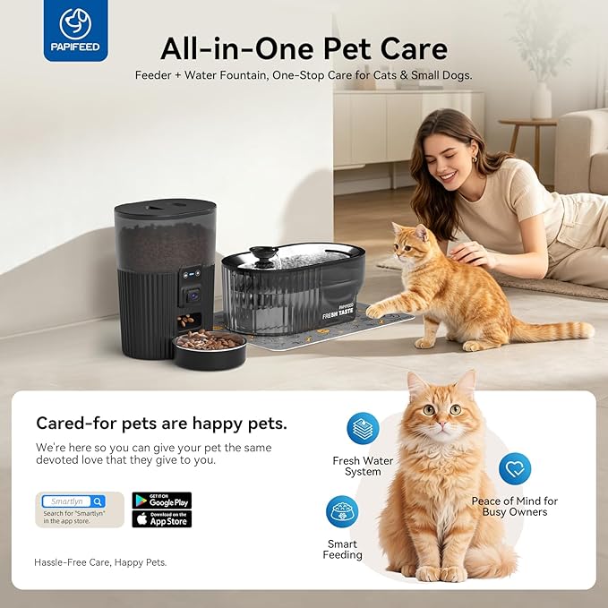 PAPIFEED Automatic Cat Feeder and Water Fountain Stainless Steel, WiFi Timed Auto Cat Feeder with Camera & App, Cat Food & Water Dispenser, Quiet Pet Drinking Fountain with LED, Smart Dog Feeder Set